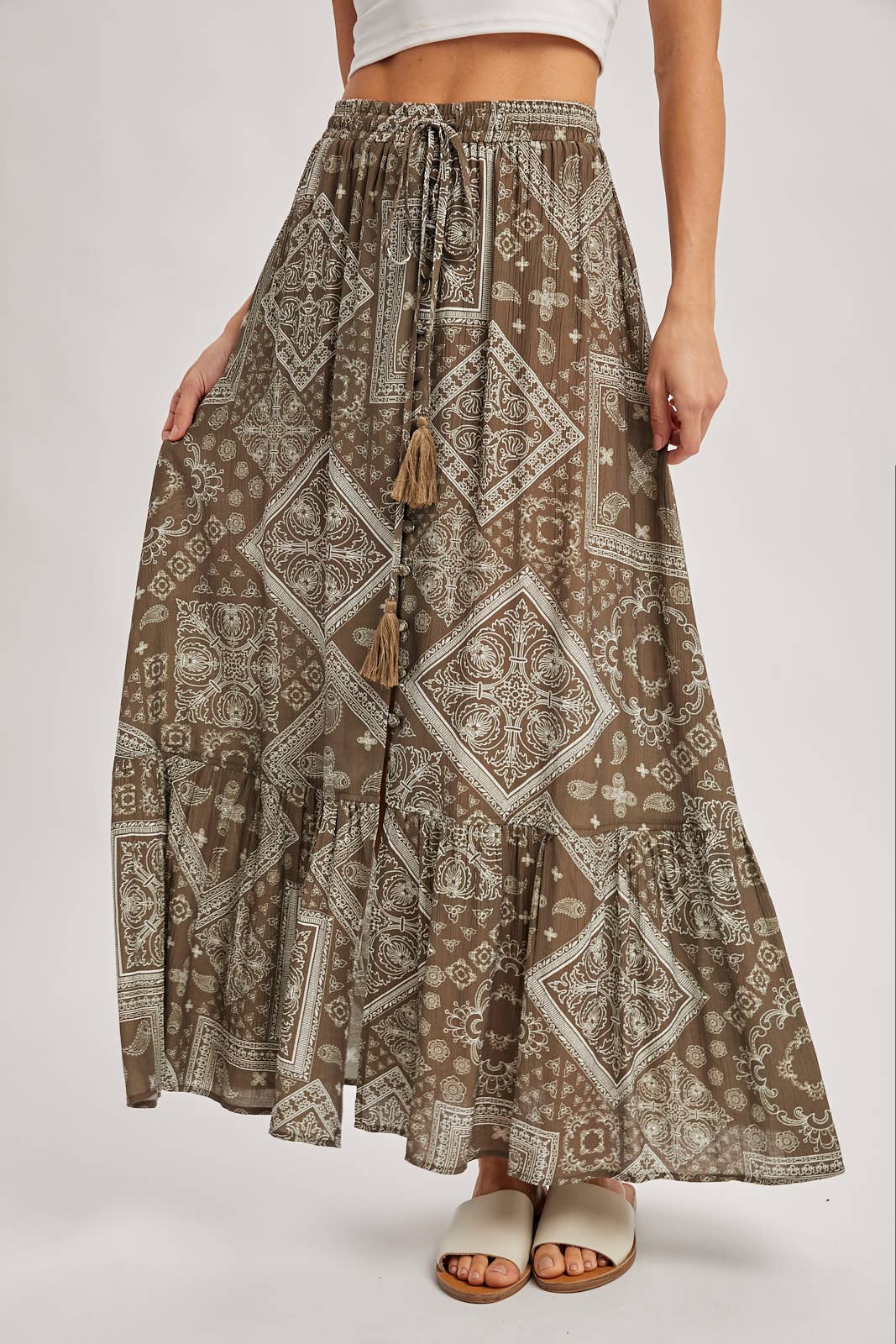 Bluivy - BOHO PRINT TIERED BUTTON DOWN FRONT MAXI SKIRT