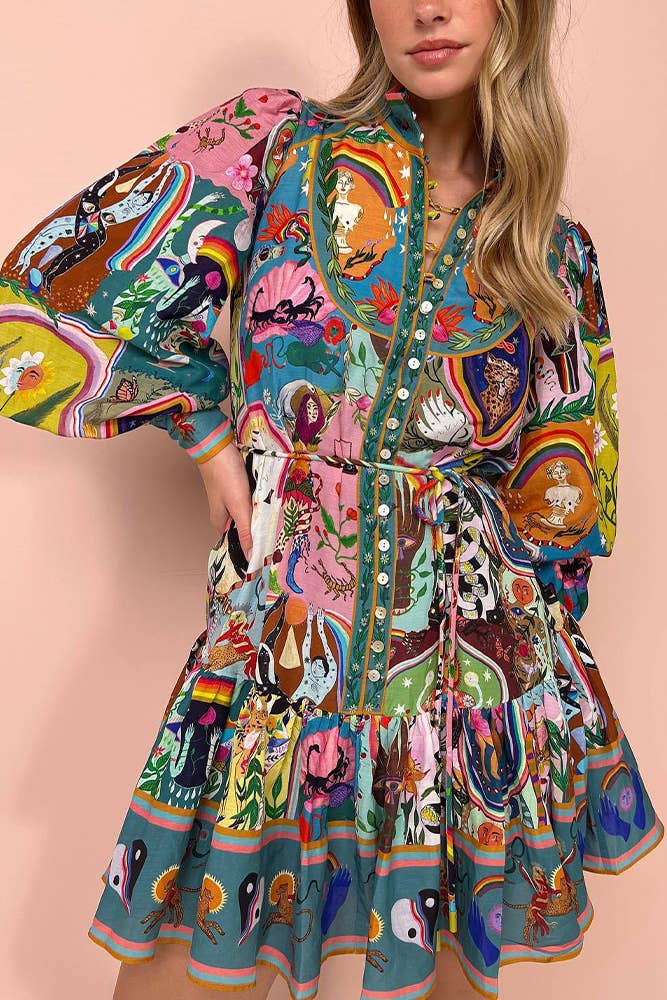 UNISHE - Printed Button Ruffles Dress JRM049