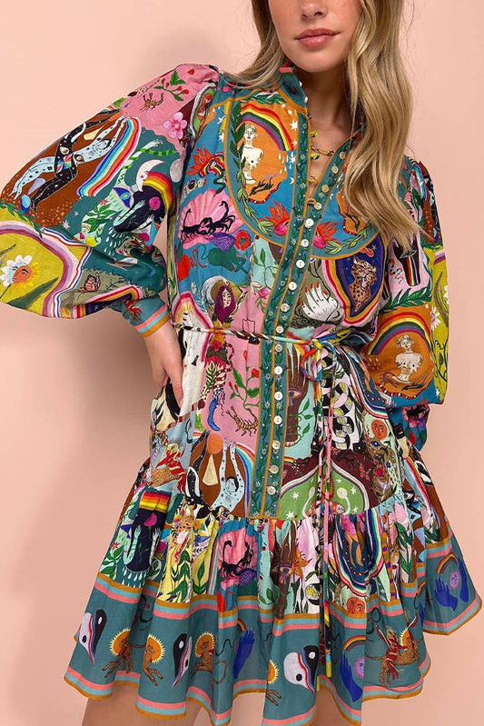 UNISHE - Printed Button Ruffles Dress JRM049
