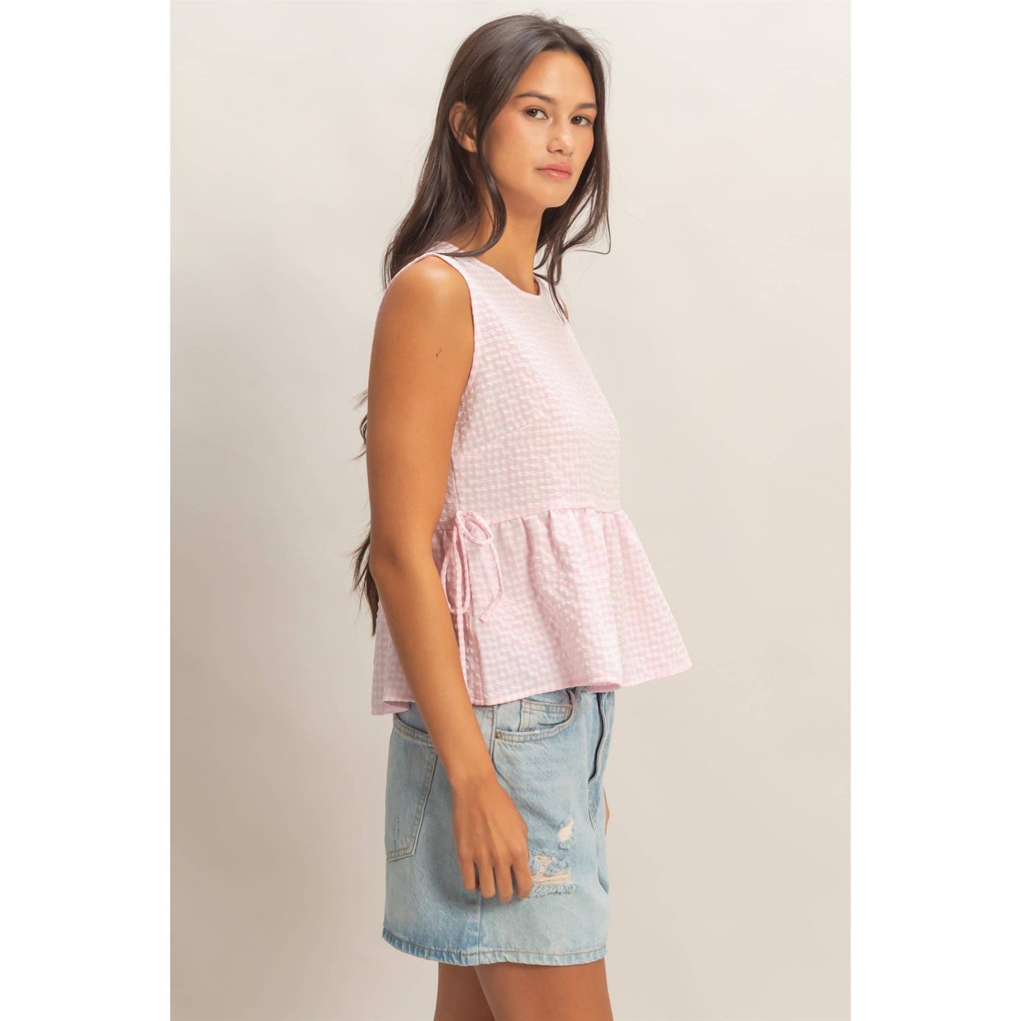 HYFVE - Gingham Sleeveless Peplum Top With Side Ties