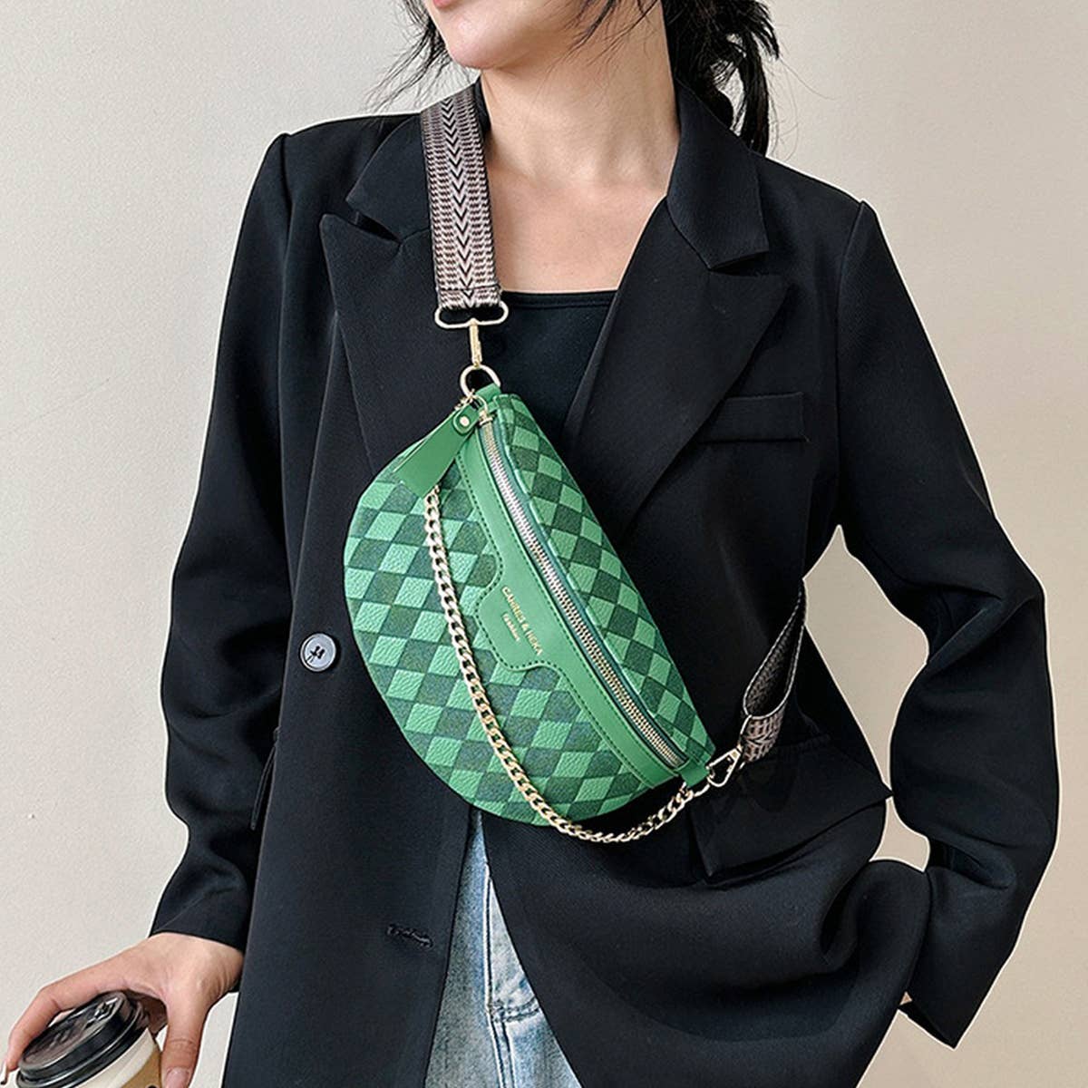 ACCITY - Checkered Chain Strap PU Crossbody Chest Bag_CUAB00597