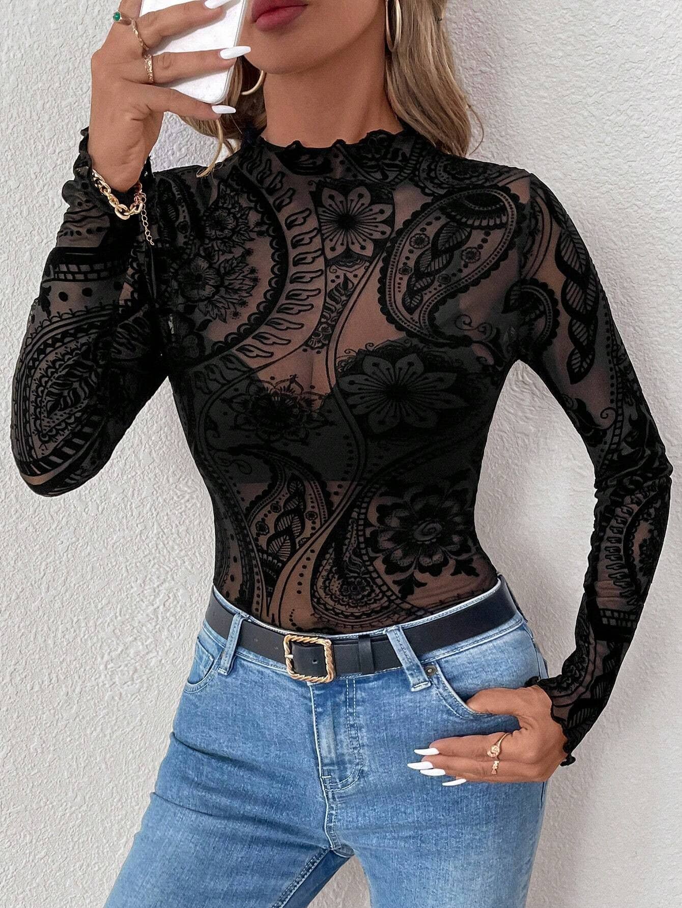 Hope & Sunshine - Paisley Velvet Print Mesh Top