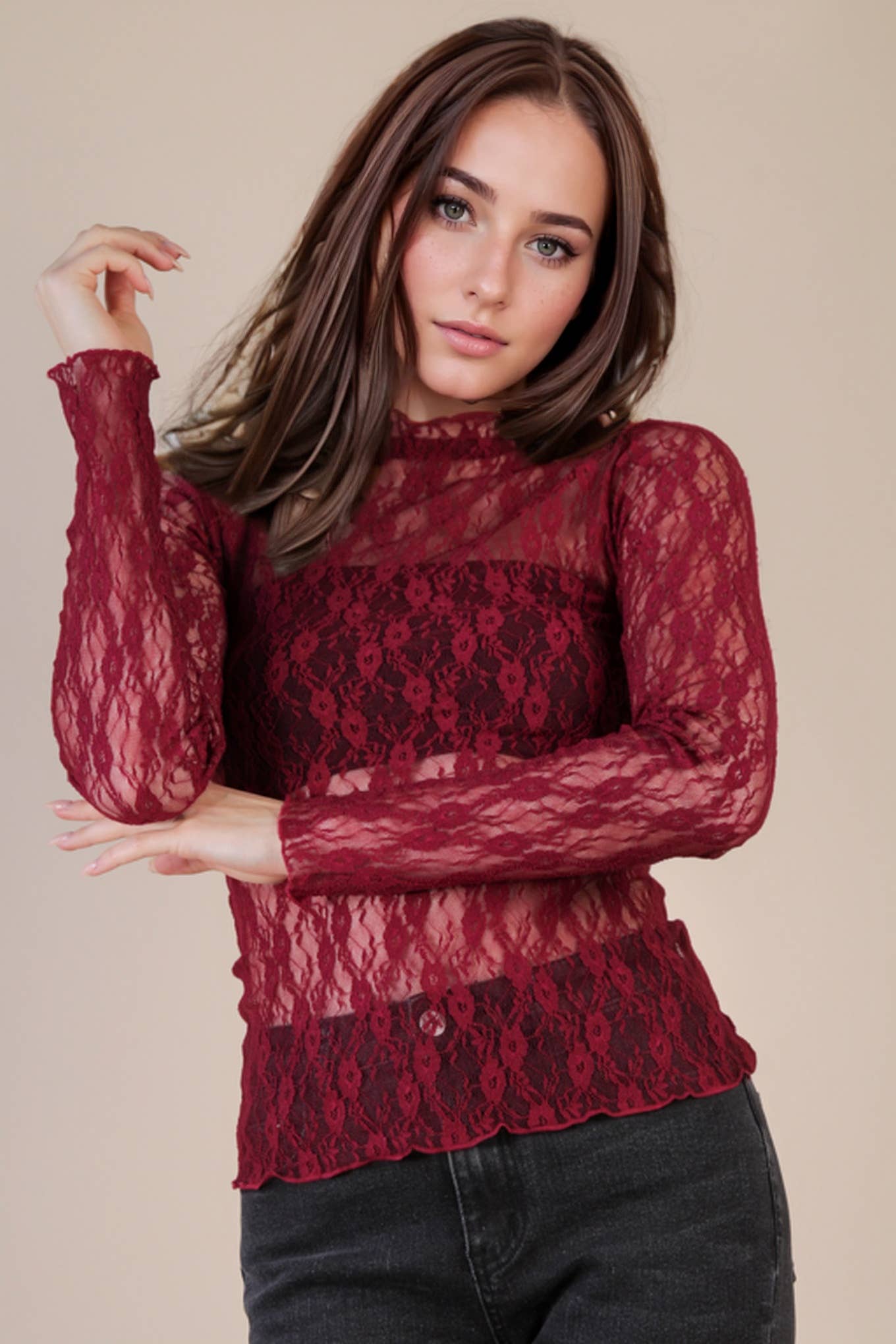 VERY J - NT12220-High Neck Fitted Sheer Mesh Lace Knit Top
