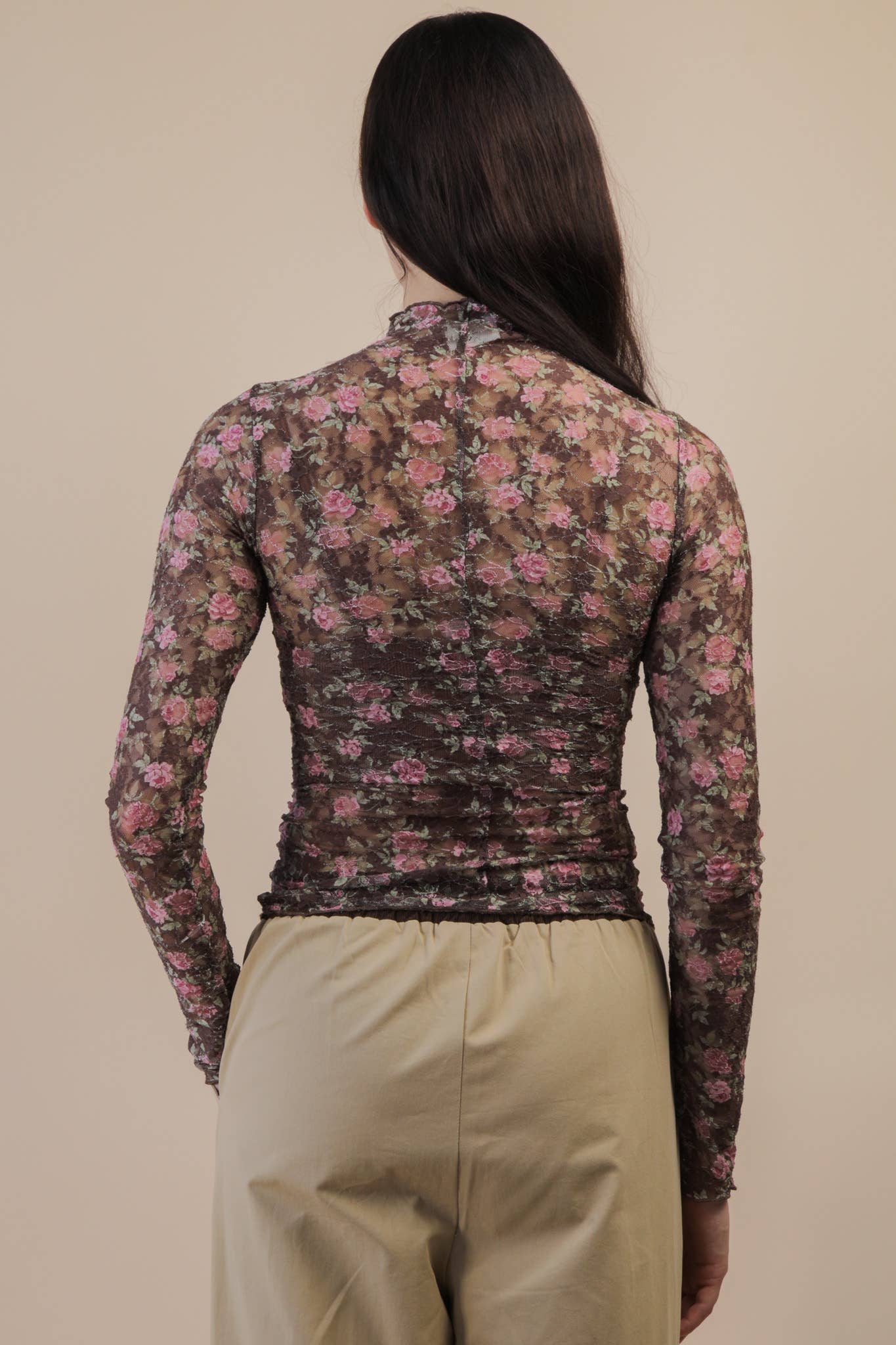 VERY J - NT12220-High Neck Fitted Sheer Mesh Lace Knit Top