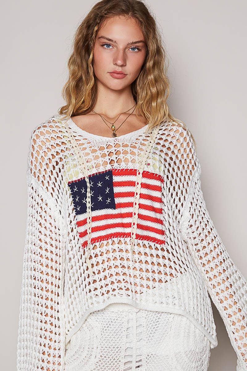 Long sleeve American flag hoodie thin sweater top SALE: Beige