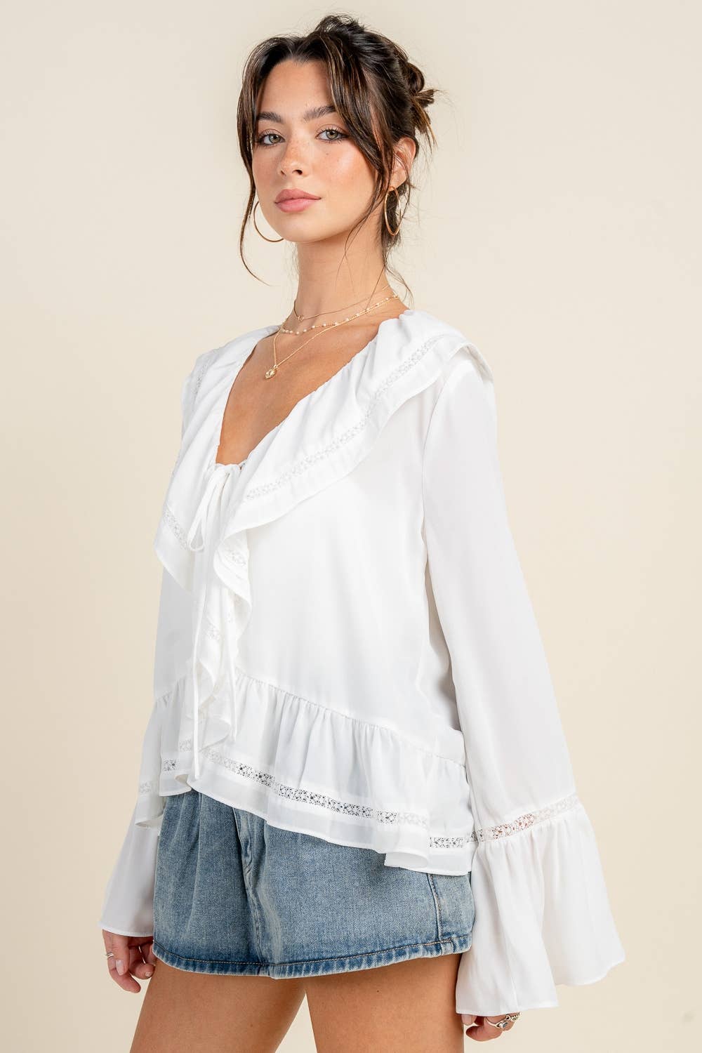BEIVY & COLLABO - BT3303E /BOHO TRUMPET SLEEVE BLOUSE W/ CASCADE RUFFLE & LACE
