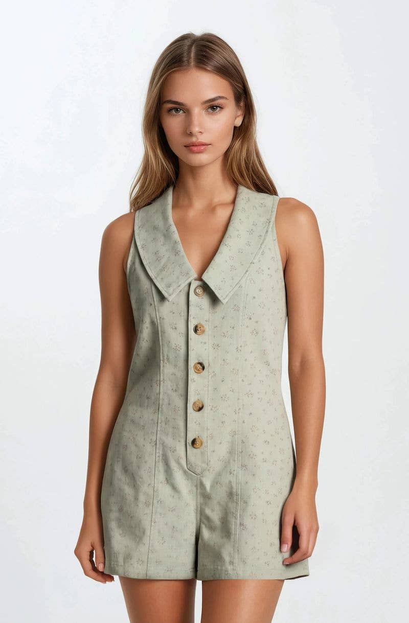 Chambray Floral Button-Front Sleeveless Romper