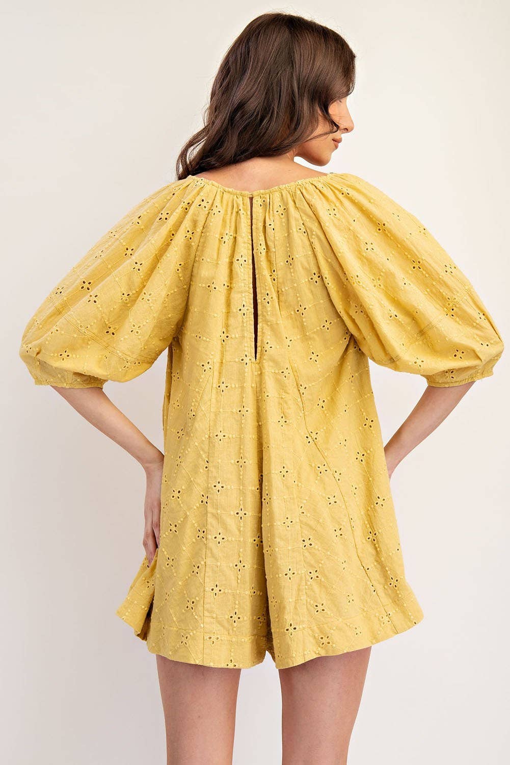 PL6371 - EYELET PUFF SLEEVE ROMPER: MUSTARD