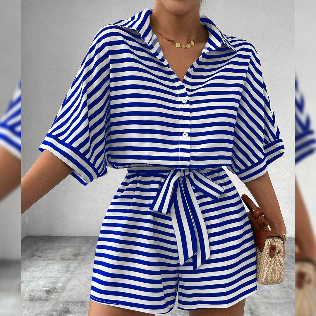 Summer Striped Lapel Button-Up Belted Shorts Romper AXR129: Red / L