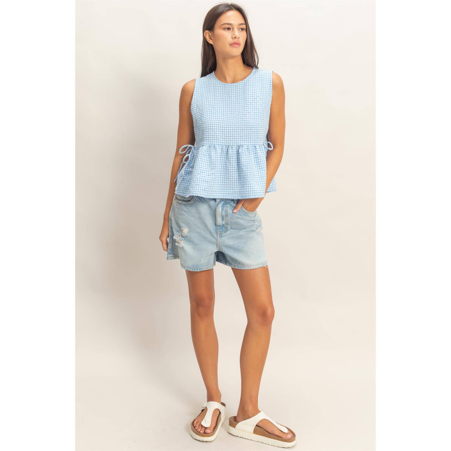 HYFVE - Gingham Sleeveless Peplum Top With Side Ties