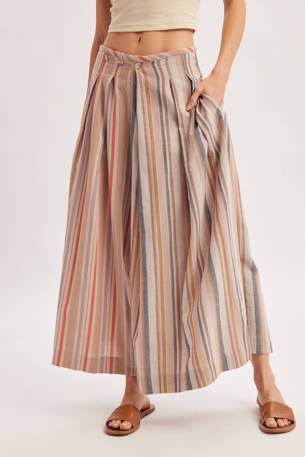 Bluivy - MULTI-STRIPE PLEATED FRONT WIDE-LEG PANTS