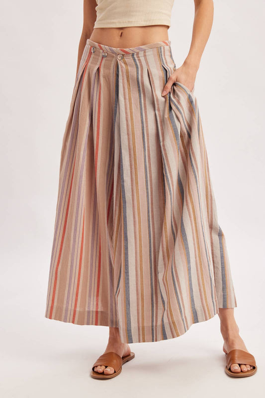 Bluivy - MULTI-STRIPE PLEATED FRONT WIDE-LEG PANTS