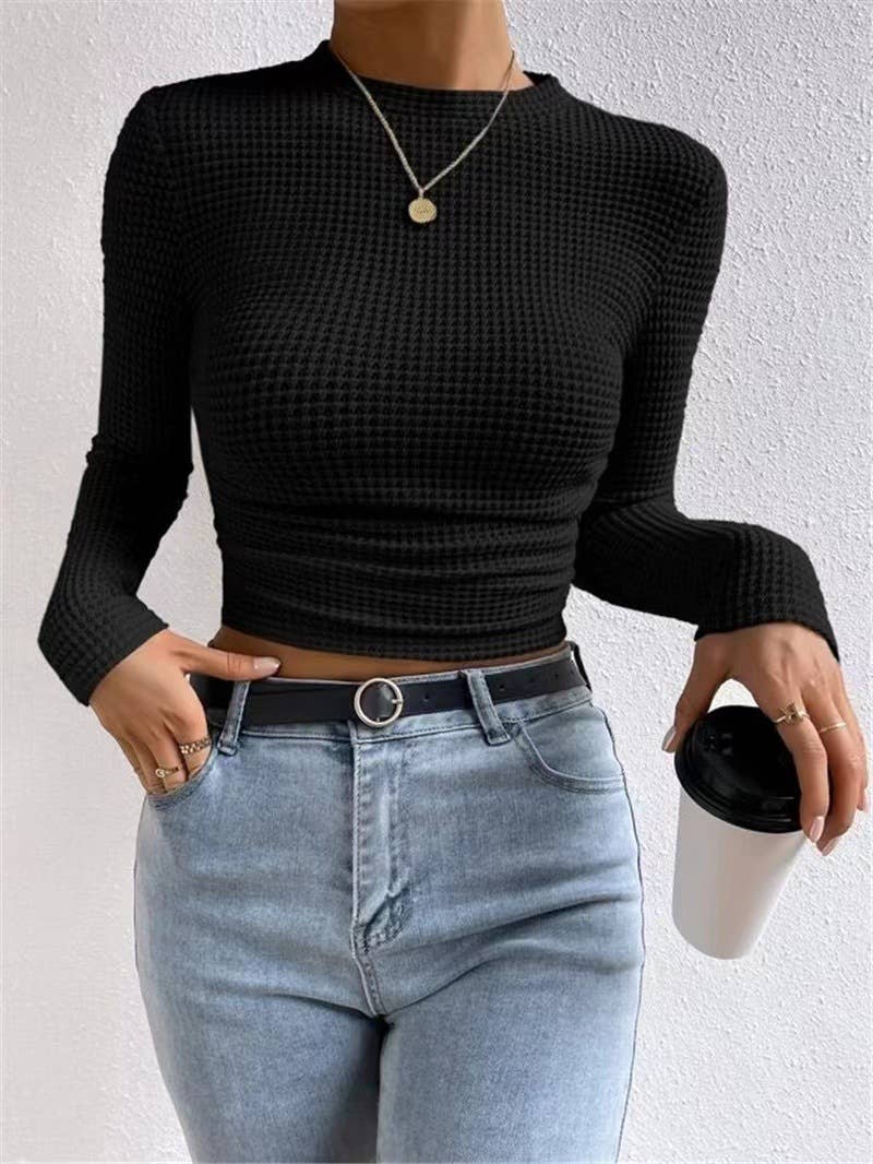HIDDENBRAND - Plain Waffle Fitted long Sleeve Top