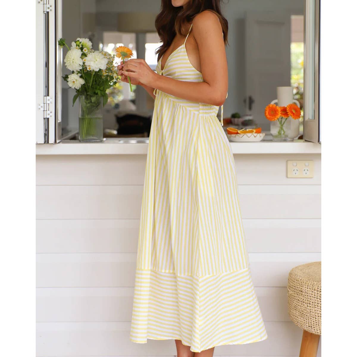 Mapcie - Striped Midi Dress with Smocking on the Back
