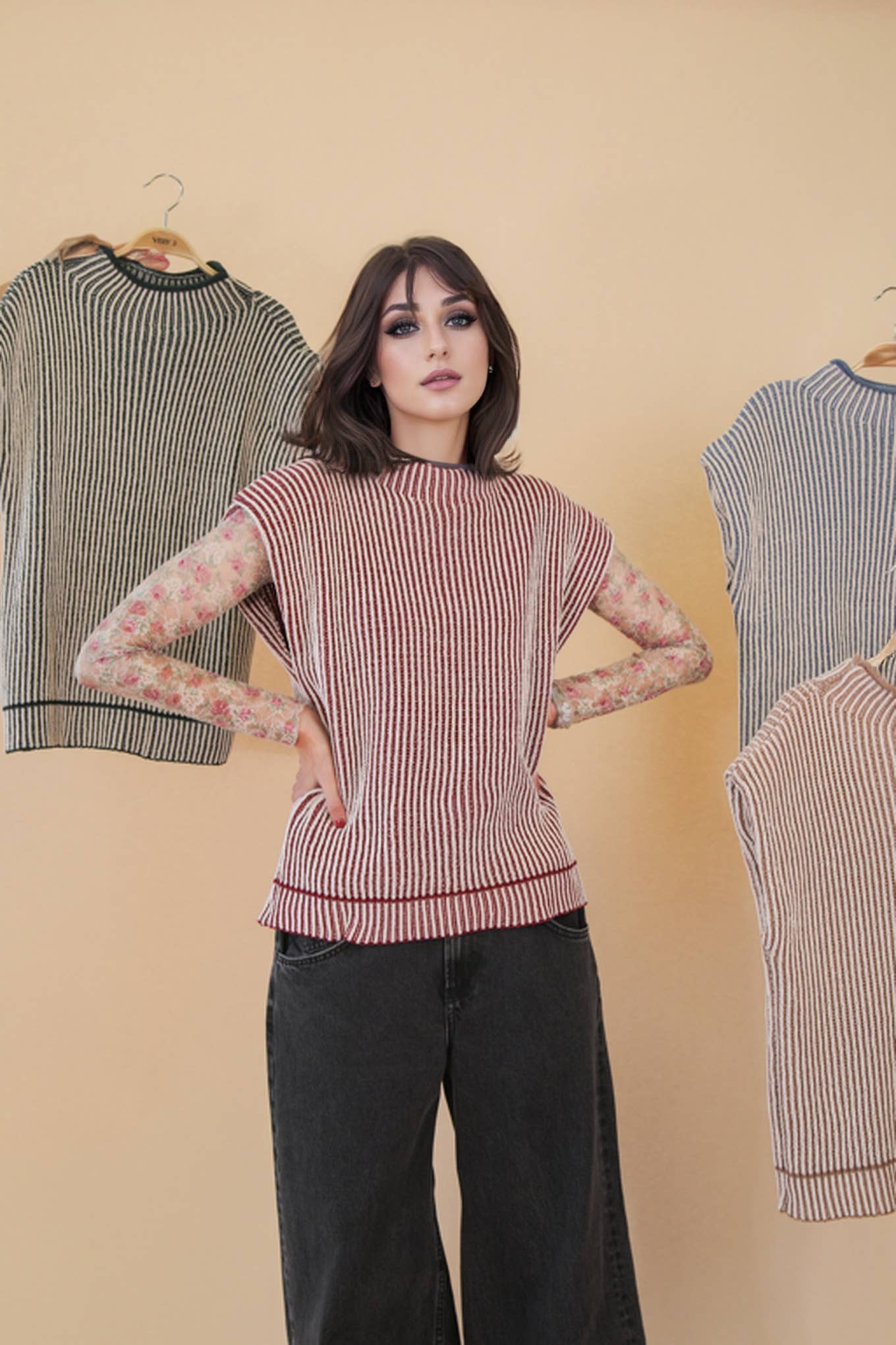 VERY J - 12W3388N-Two Tone Ribbed Knit Sweater Vest