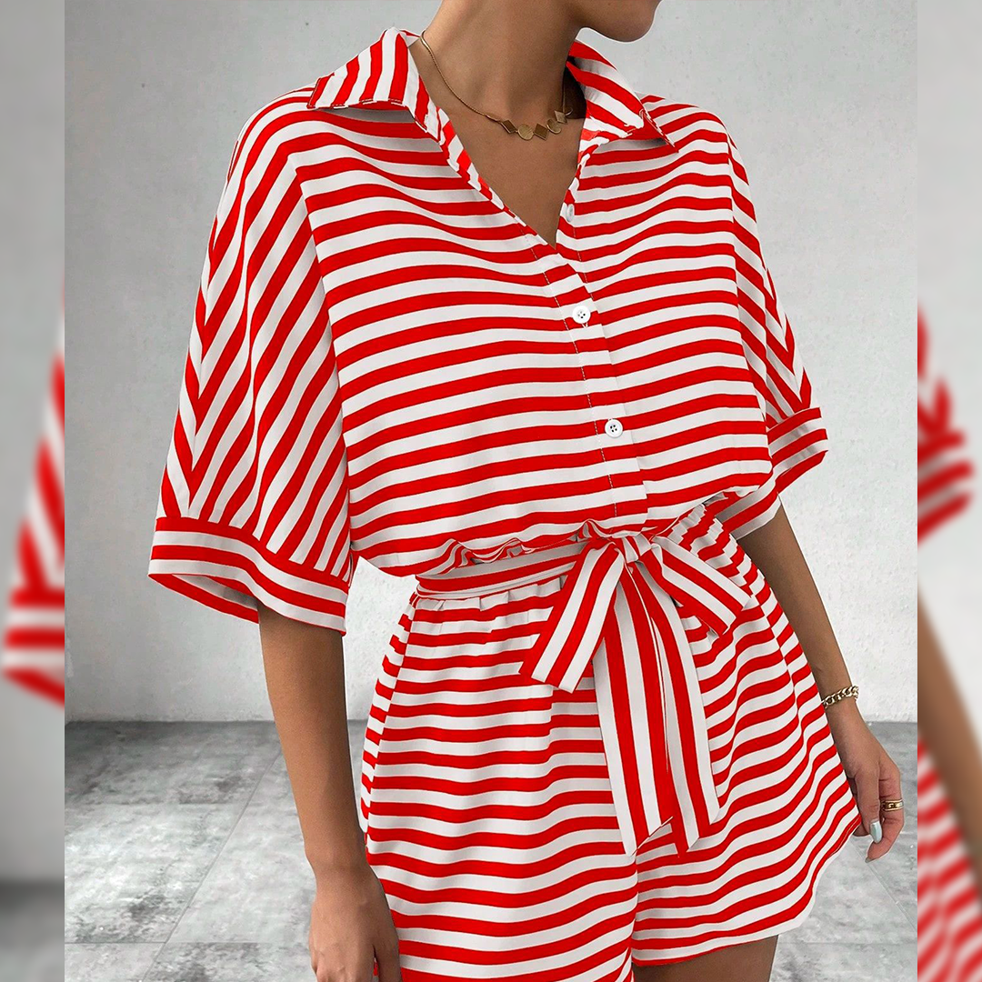 Summer Striped Lapel Button-Up Belted Shorts Romper AXR129: Red / L