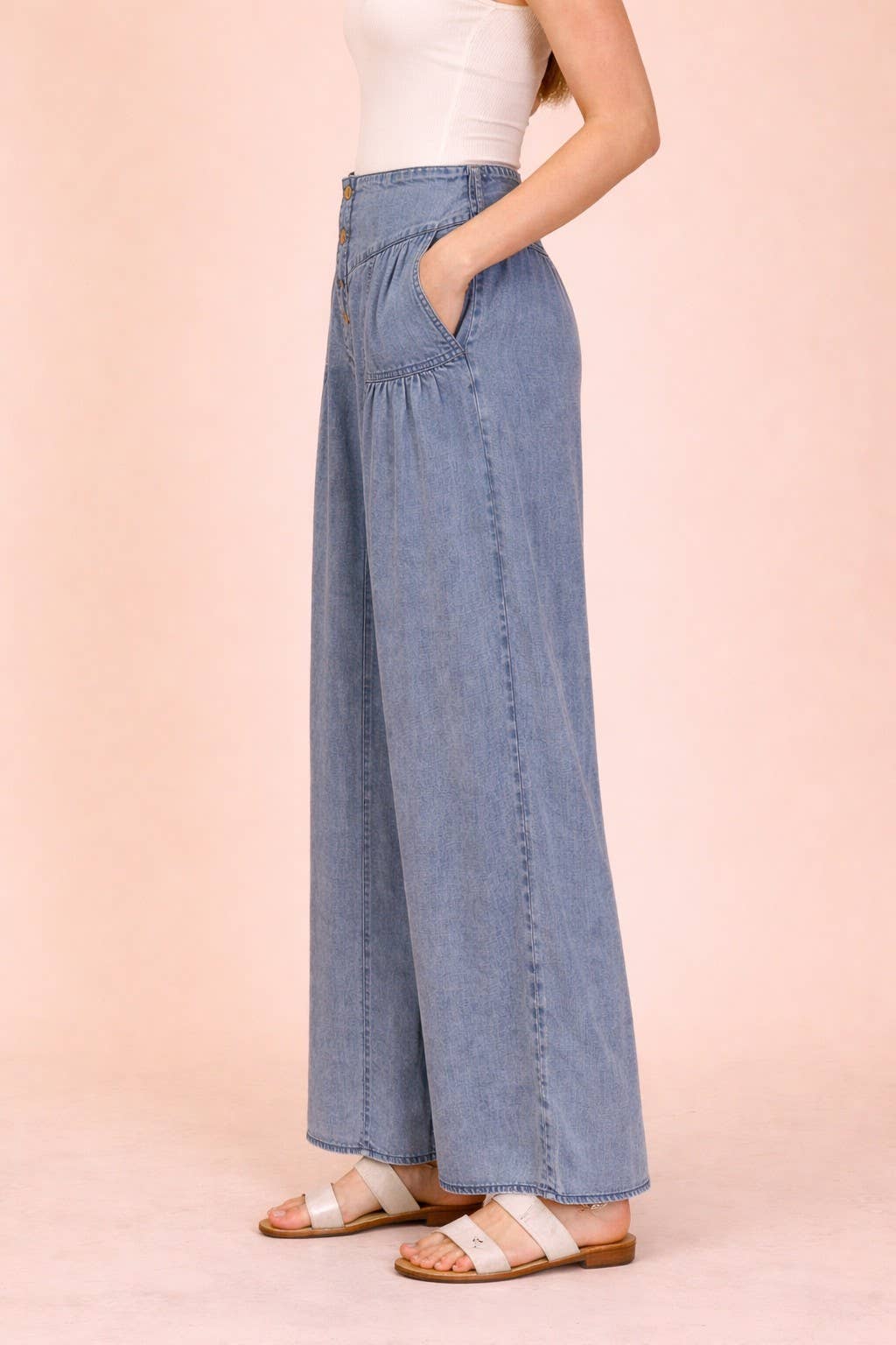 VERY J - NP70935X-PLUS SIZE Mineral Washed Chambray Wide Pants