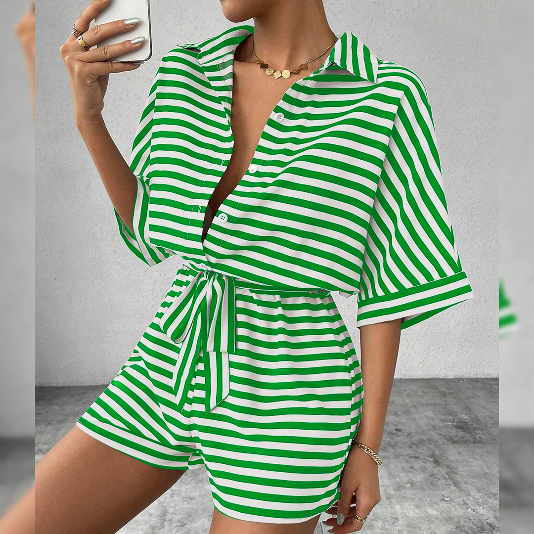 Summer Striped Lapel Button-Up Belted Shorts Romper AXR129: Red / L