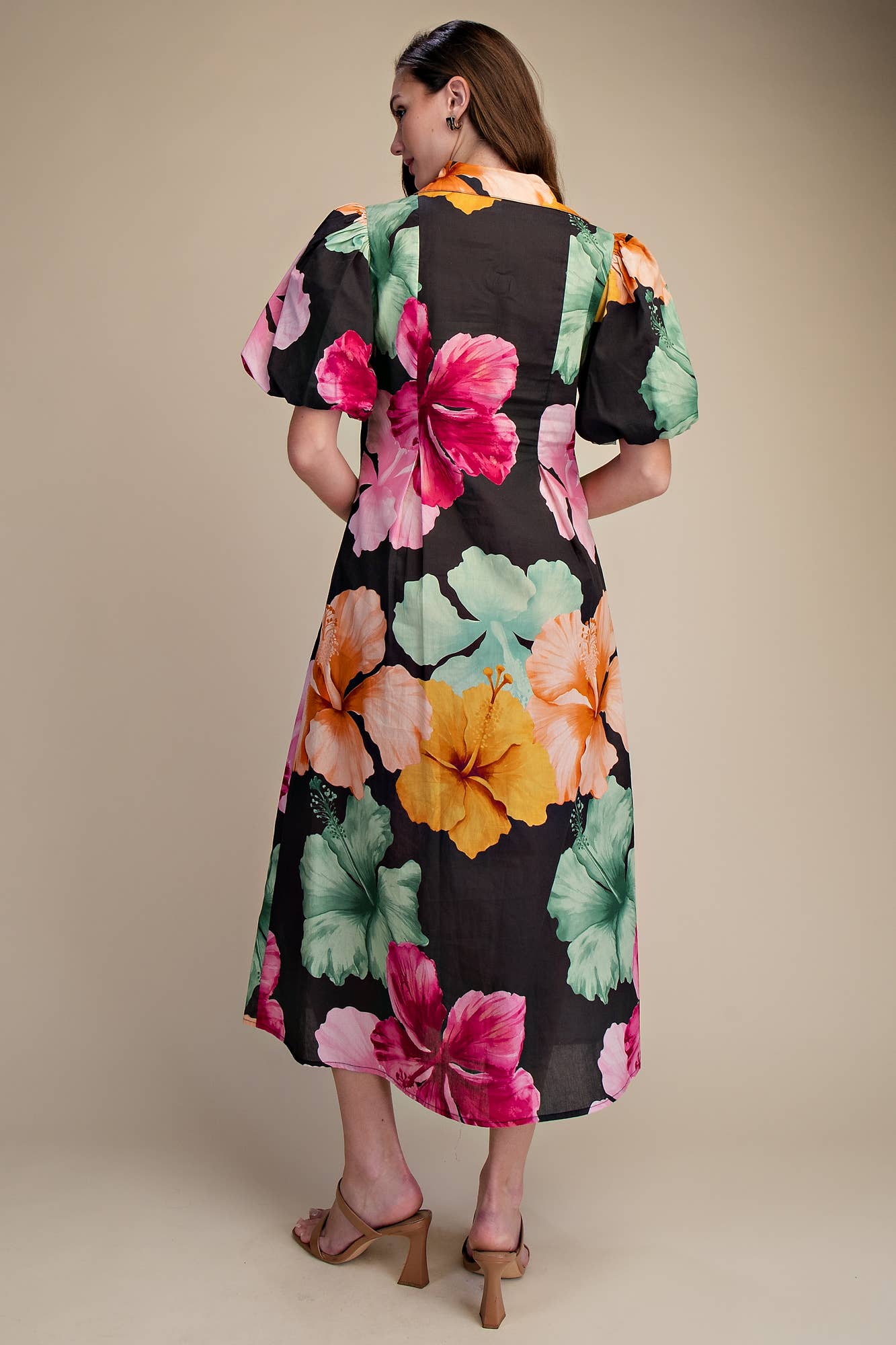 Glam - Collar V-Neck Pleated Midi Dress