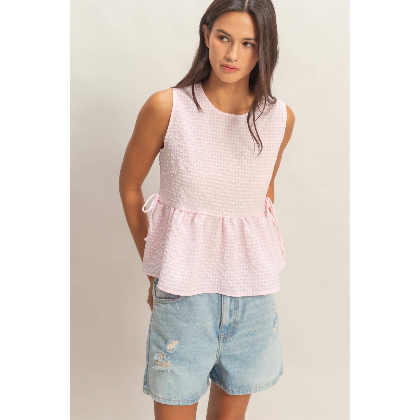 HYFVE - Gingham Sleeveless Peplum Top With Side Ties