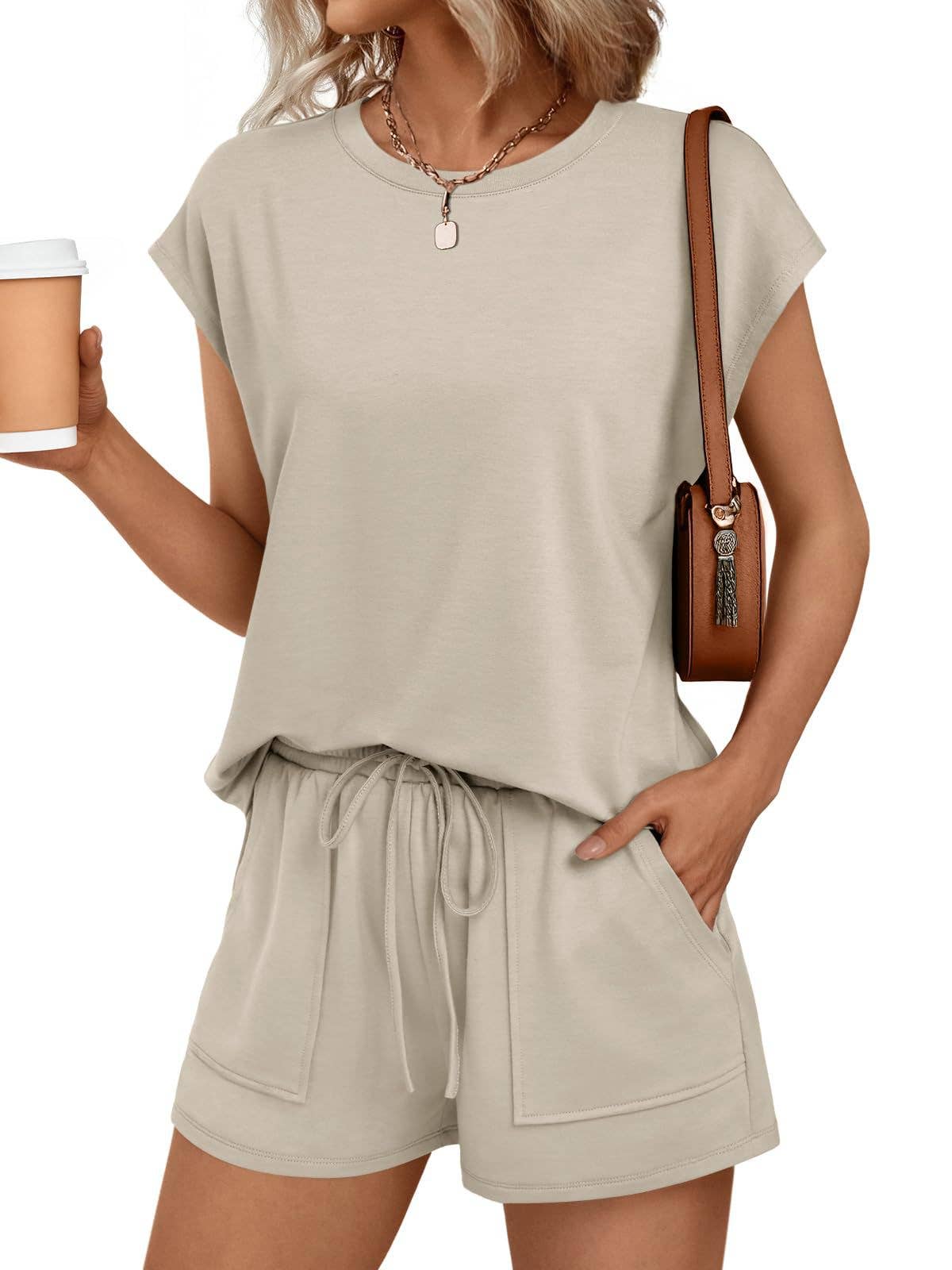 Suhkasana - Casual Lounge Set Cap Sleeve Top Drawstring Shorts