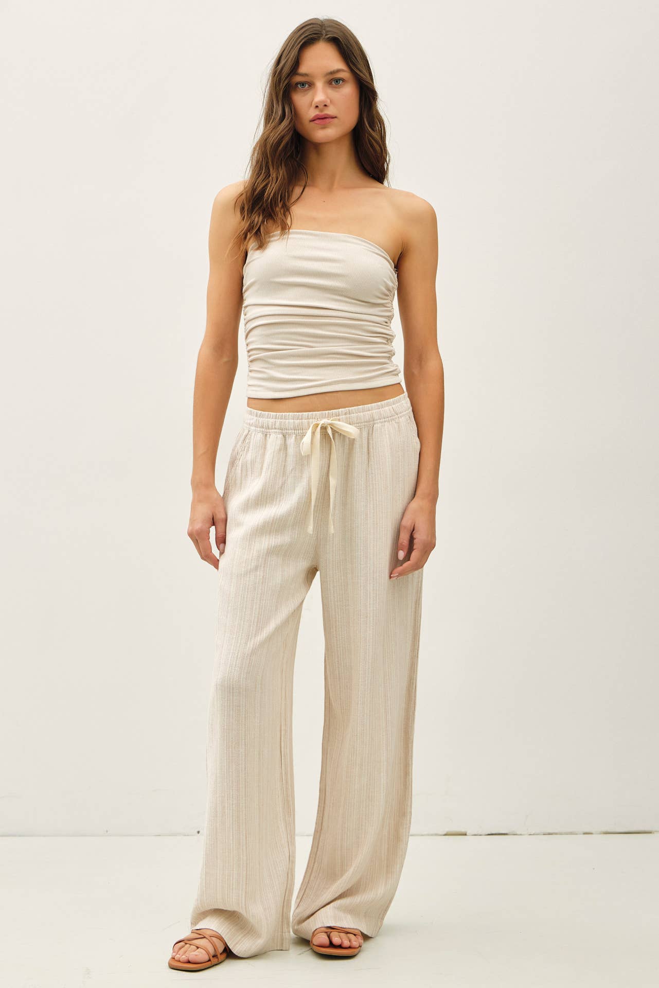 STRIPED LINEN WIDE LEG PANTS