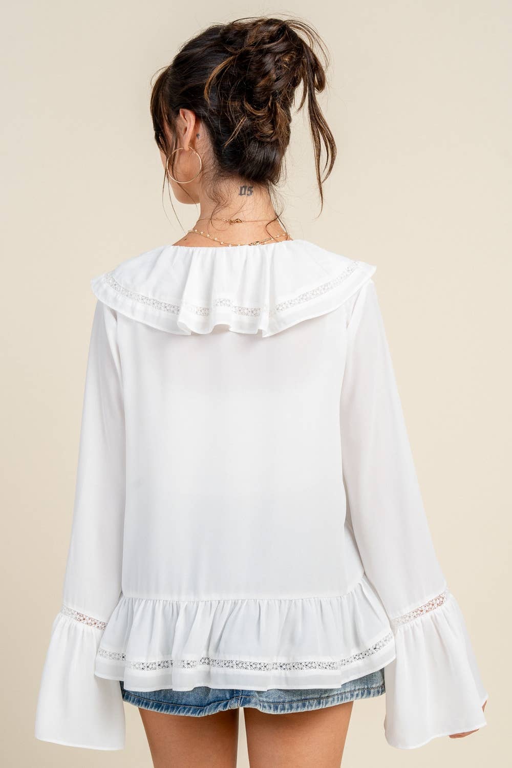 BEIVY & COLLABO - BT3303E /BOHO TRUMPET SLEEVE BLOUSE W/ CASCADE RUFFLE & LACE