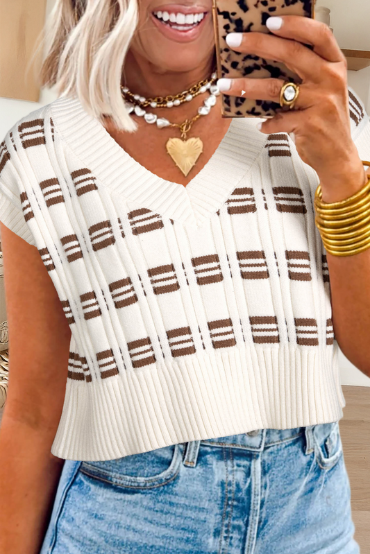 66DISCO - Geometric Textured Knit V Neck Cropped Sweater Vest (S-XL)