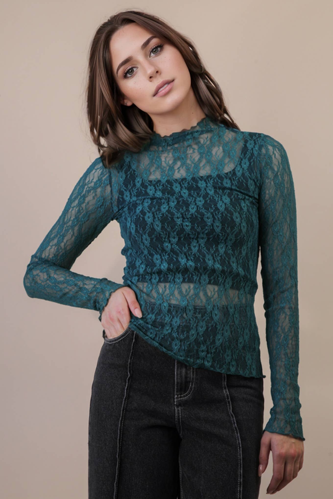 VERY J - NT12220-High Neck Fitted Sheer Mesh Lace Knit Top
