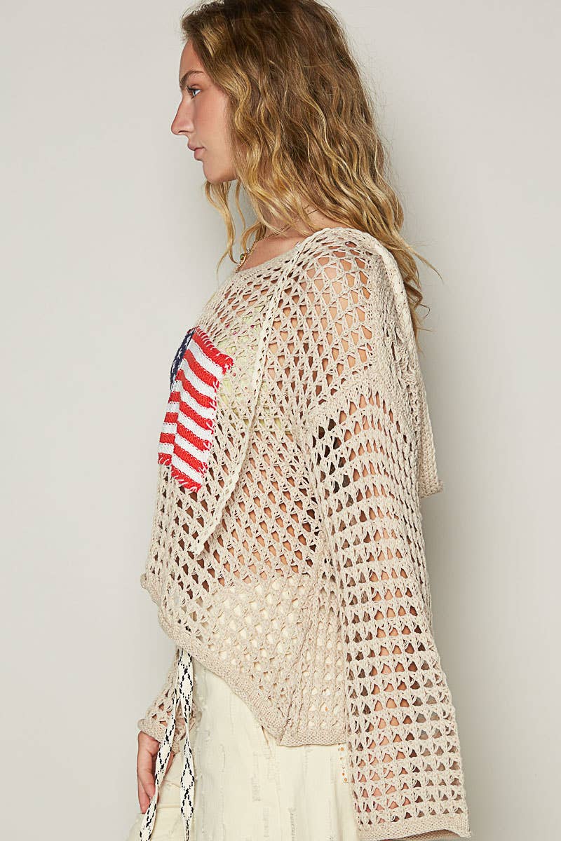 Long sleeve American flag hoodie thin sweater top SALE: SKY BLUE