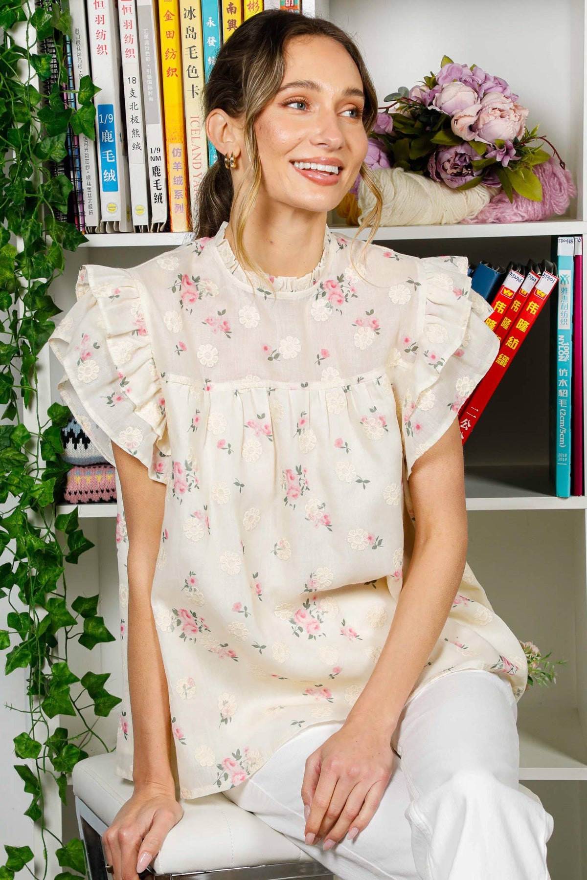 Vine & Love - Floral Embroidered Ruffle Detail Organza Blouse Top VT82257