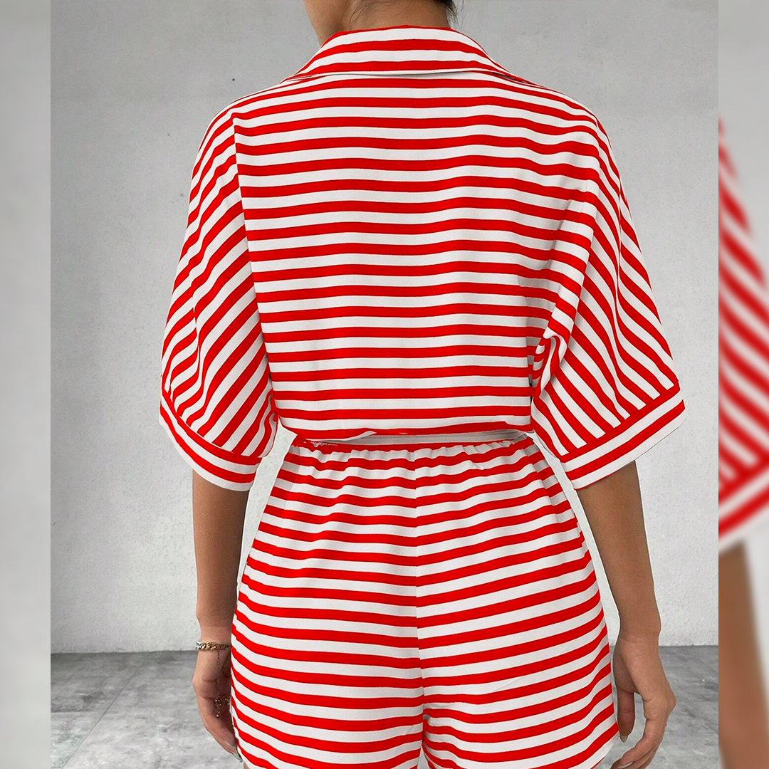 Summer Striped Lapel Button-Up Belted Shorts Romper AXR129: Red / L