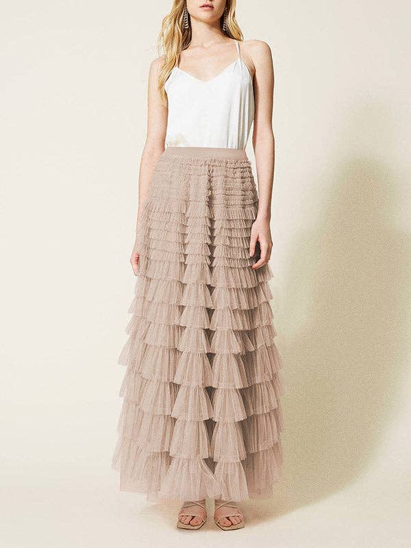 A-Line High Waisted Solid Color Tulle Skirts Bottoms: Apricot / S