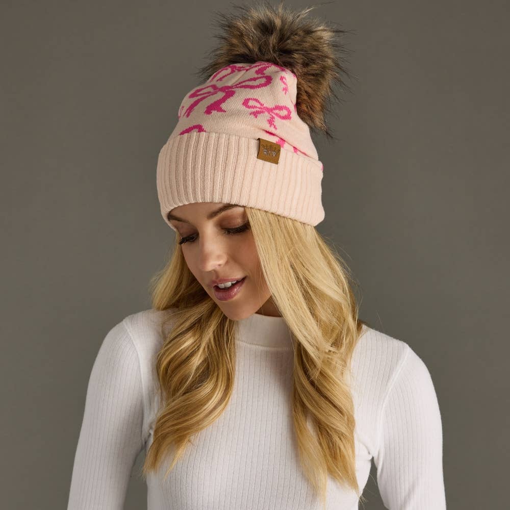 Panache Apparel Co. - Lt. Pink & Bright Pink Bow Pom Hat