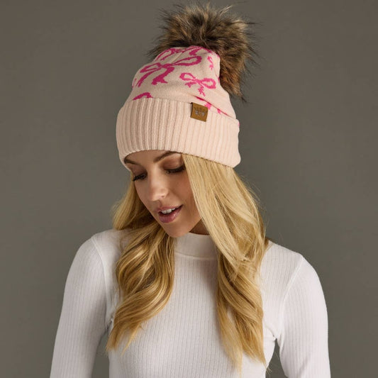 Panache Apparel Co. - Lt. Pink & Bright Pink Bow Pom Hat