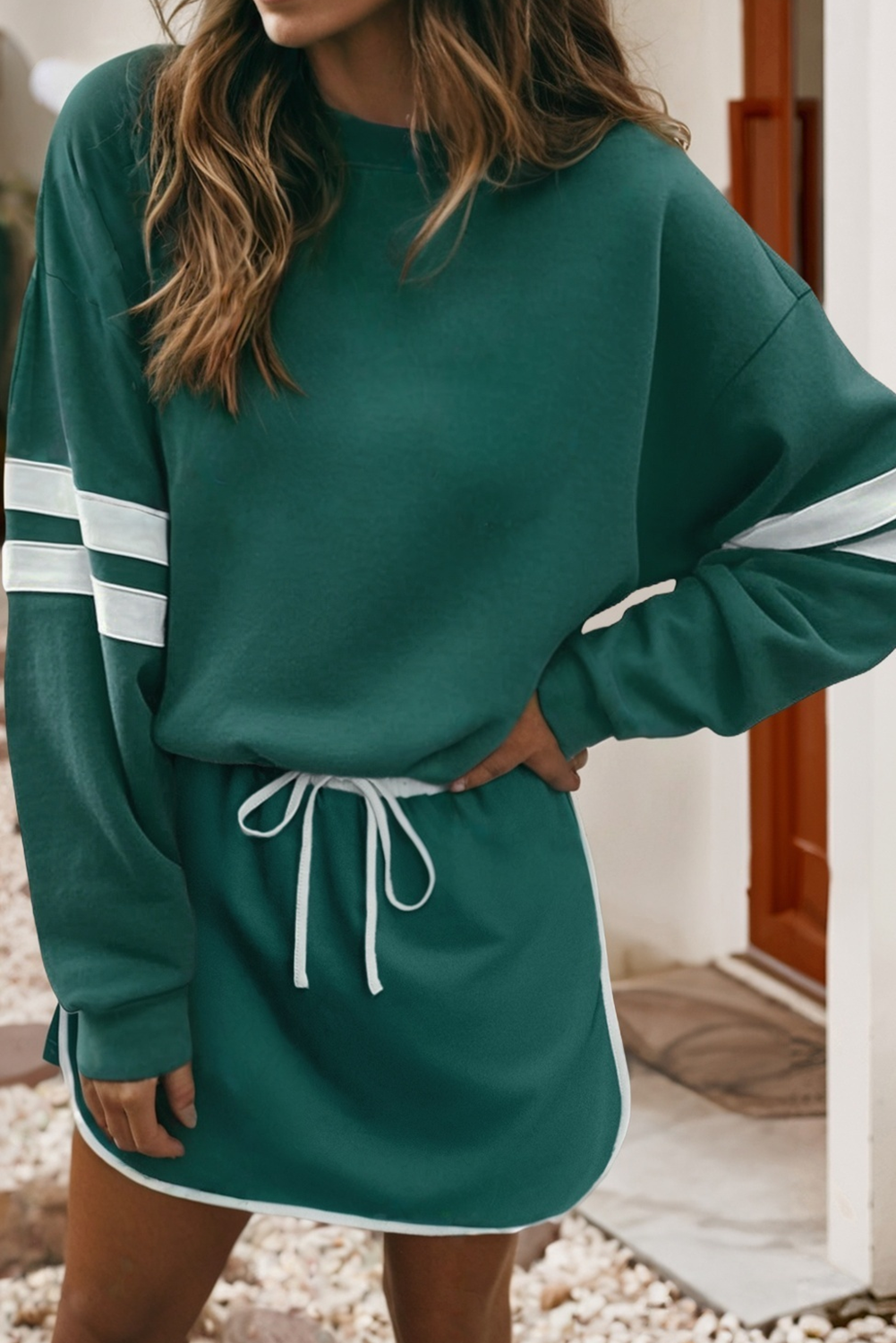 Little Daisy Closet -  LDC Stripe Detail Drop Shoulder Pullover Mini Skirt Set