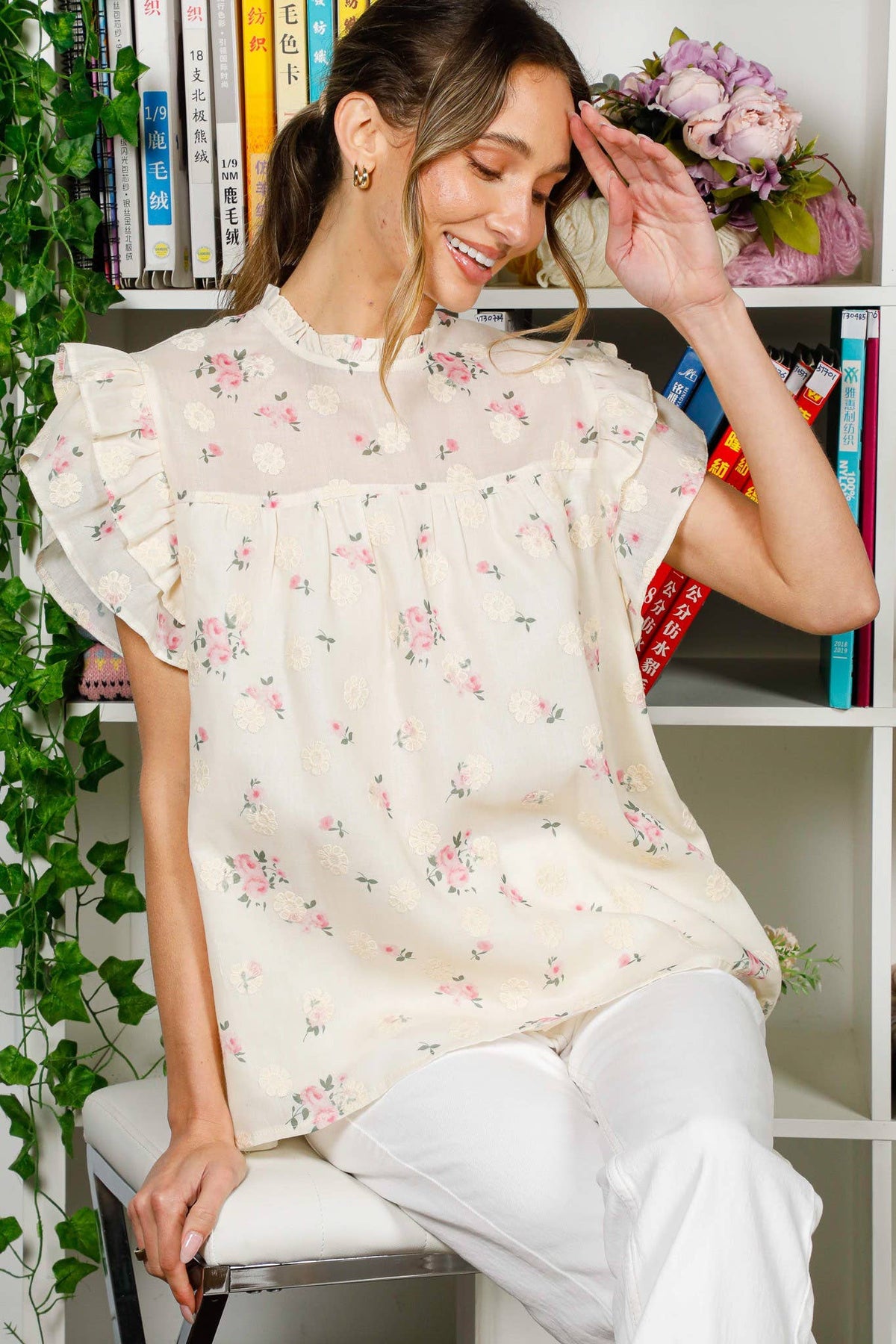 Vine & Love - Floral Embroidered Ruffle Detail Organza Blouse Top VT82257