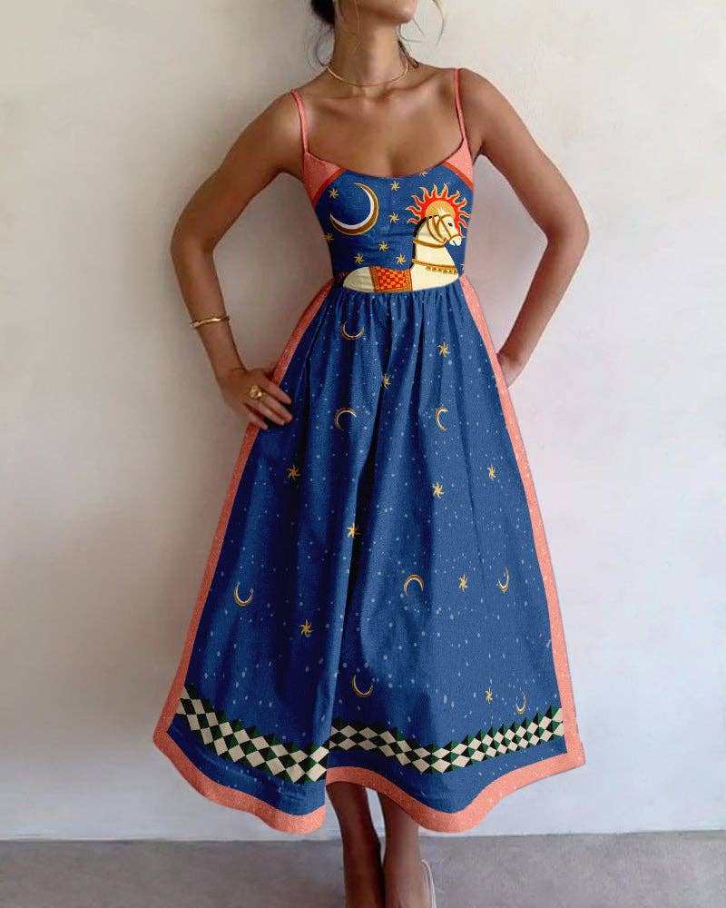 Starry sky fantasy white horse print suspender dress: Navy / L