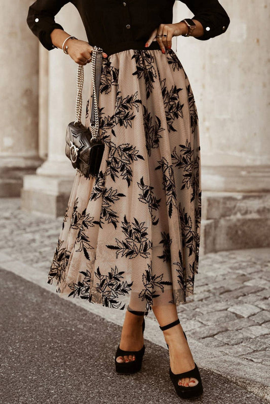 Lovesoft - Apricot Floral Leaves Embroidered High Waist Maxi Skirt