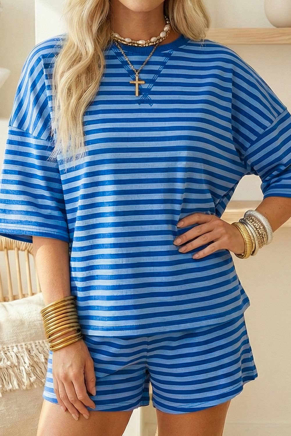 66DISCO - 66Plus Striped Short Sleeve Top and Shorts Lounge Set (S-4X)