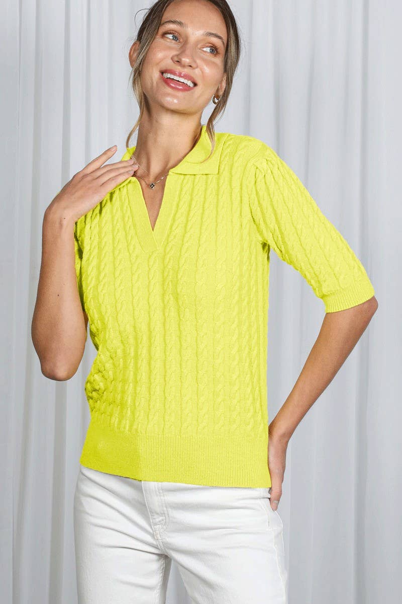 Vine & Love - Collared Split Neck Cable Detail Knitted Sweater VT82673