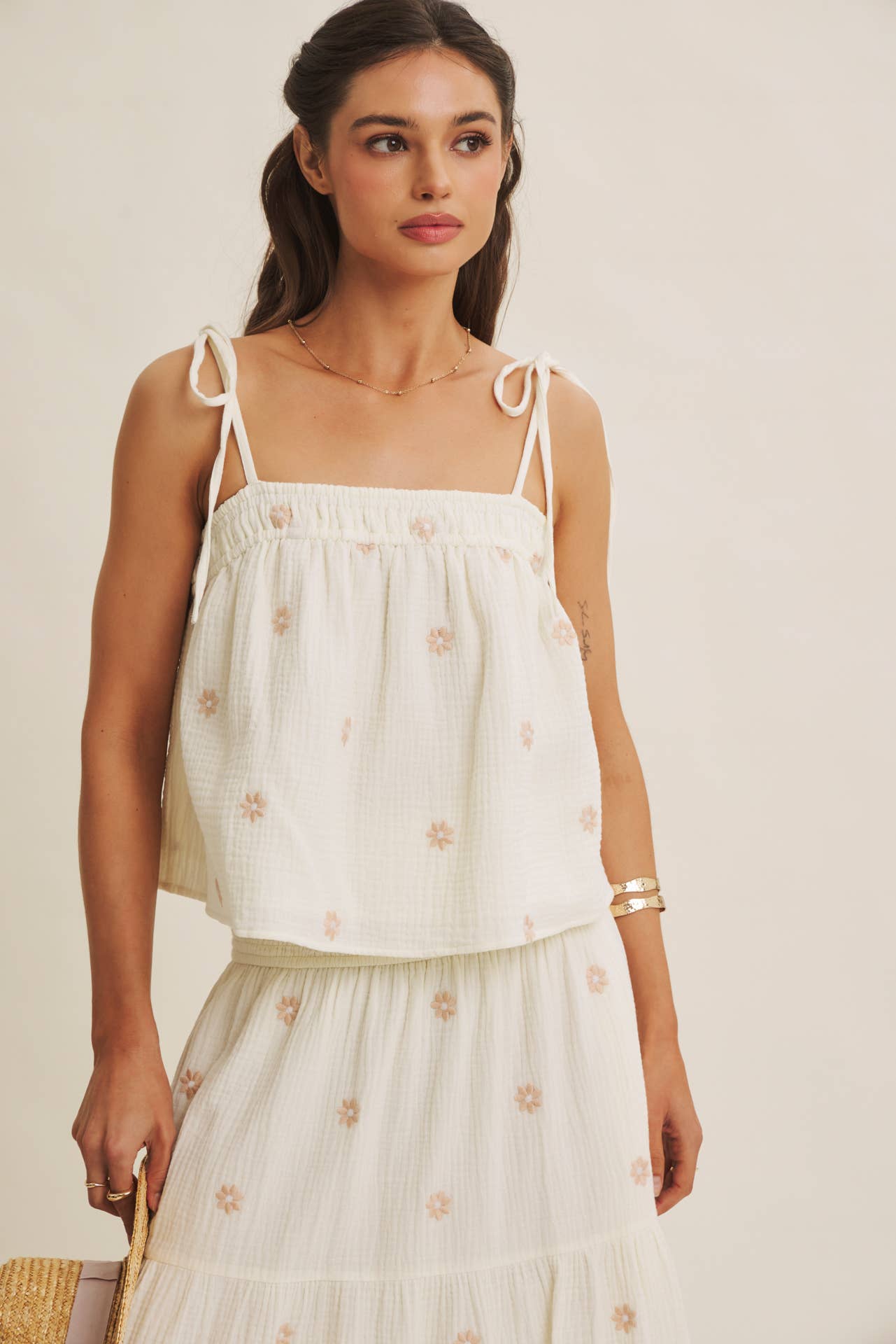 in february - SUNSET FIELD EMBROIDERED COTTON GAUZE SMOCKED MIDI SKIRTS