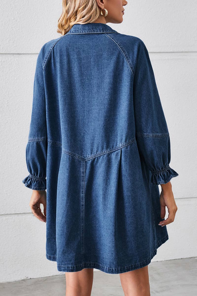 Lily Clothing - Loose wash long sleeve denim single breasted short dress