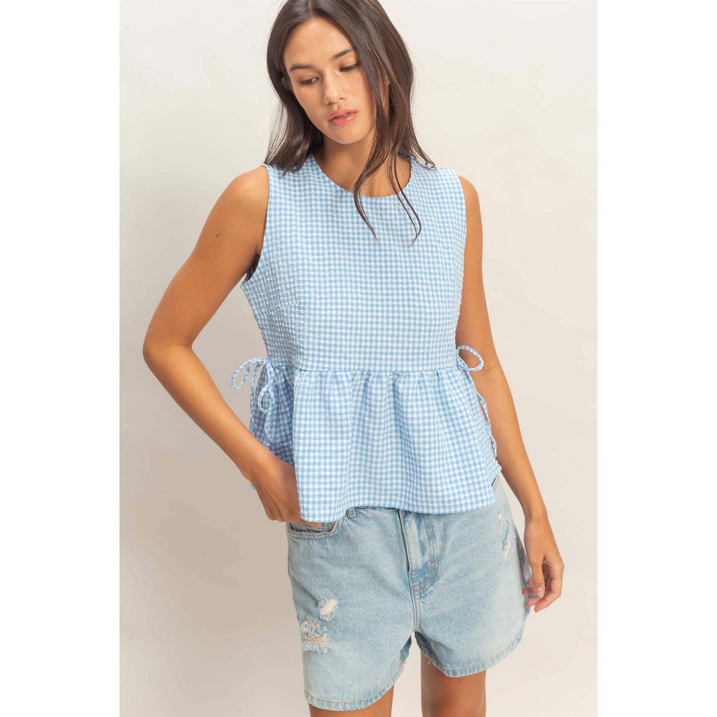 HYFVE - Gingham Sleeveless Peplum Top With Side Ties