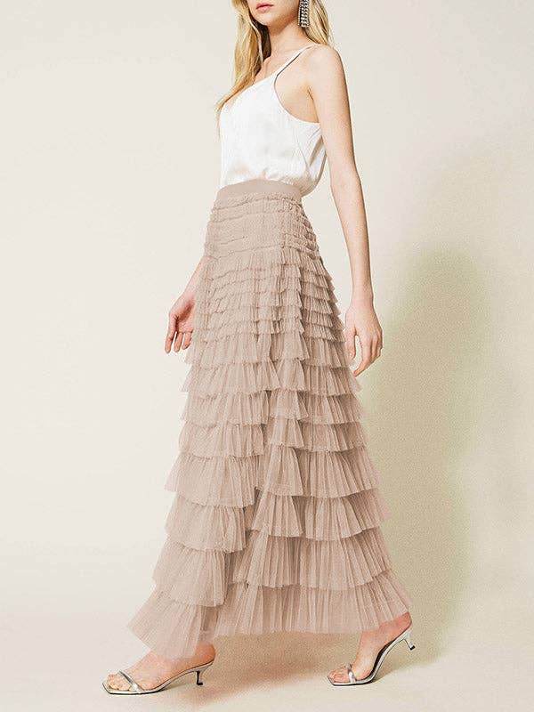 A-Line High Waisted Solid Color Tulle Skirts Bottoms: Apricot / S