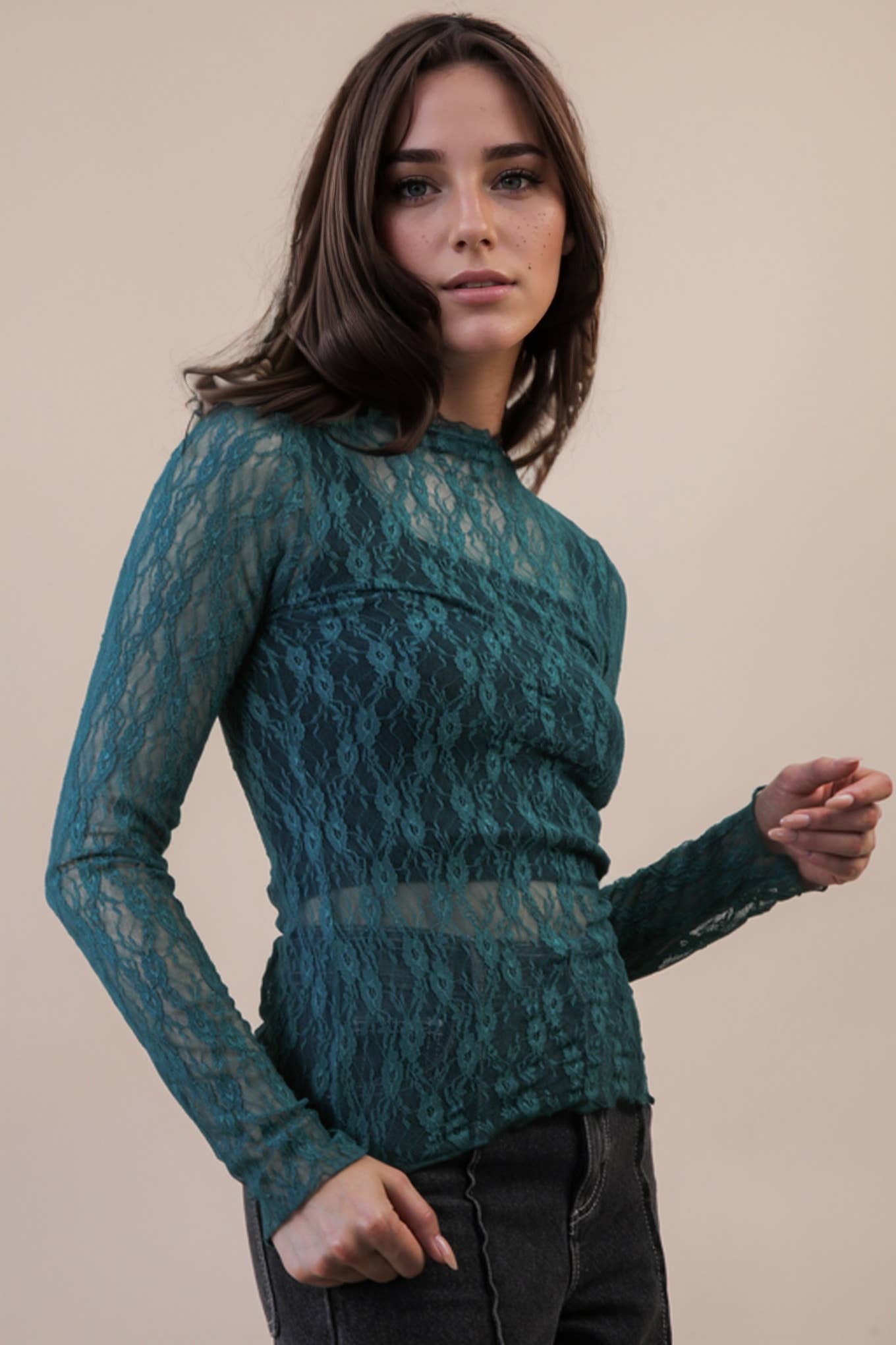 VERY J - NT12220-High Neck Fitted Sheer Mesh Lace Knit Top