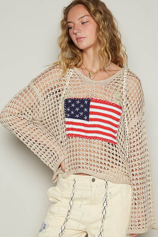 Long sleeve American flag hoodie thin sweater top SALE: Beige