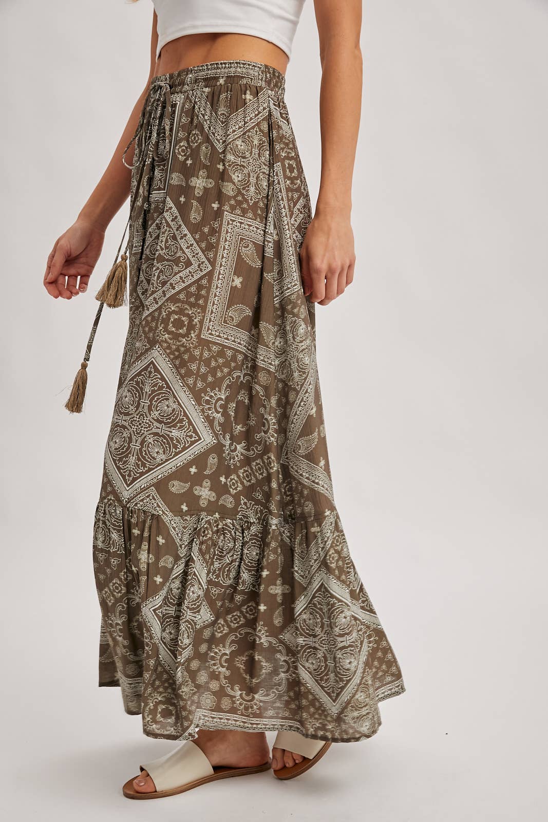 Bluivy - BOHO PRINT TIERED BUTTON DOWN FRONT MAXI SKIRT