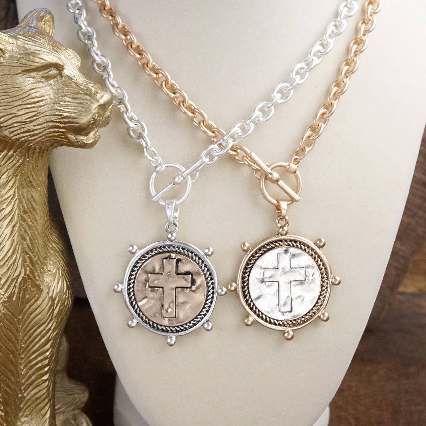 PennyLine inc - Cross Coin Chain Necklace with Front Toggle Closure – Silver or Gold Tone