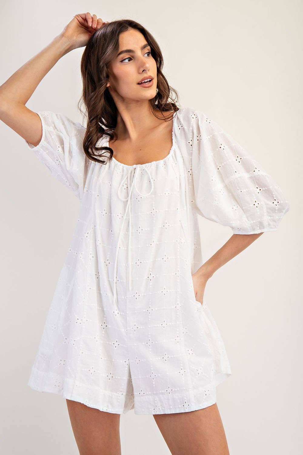 PL6371 - EYELET PUFF SLEEVE ROMPER: MUSTARD